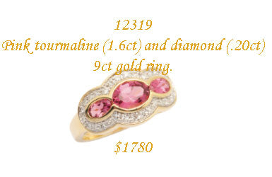 Diamond and pink tourmaline ladies dress ring in 9ct yellow gold.