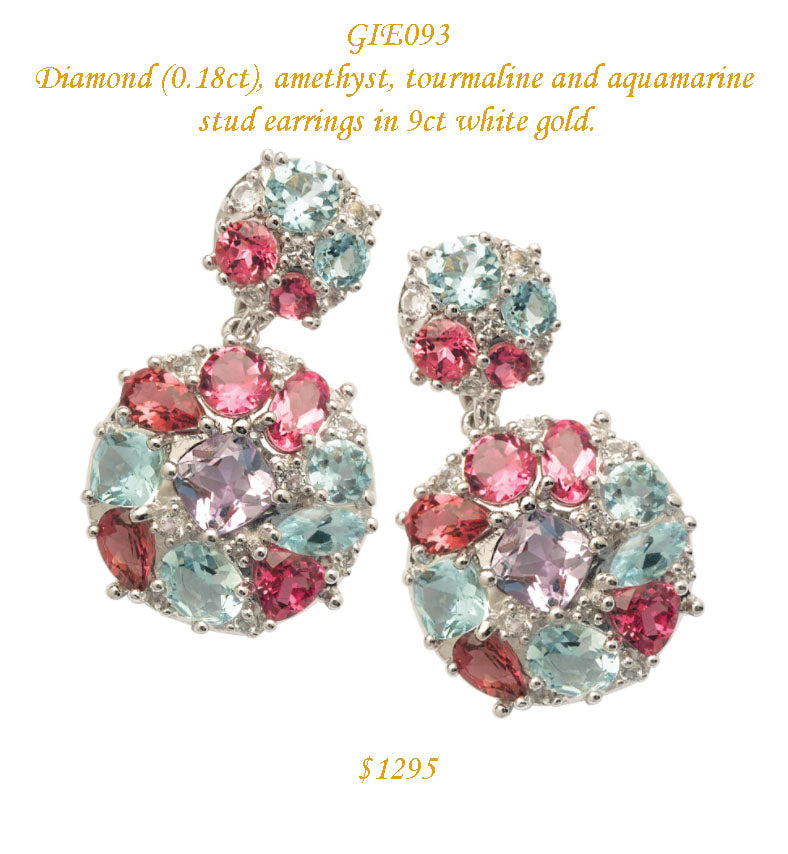 Diamond (0.18ct), amethyst, tourmaline and aquamarine 9ct white gold stud earrings.