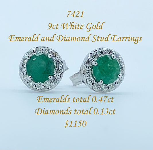 Natural emerald and diamond 9ct white gold stud earrings