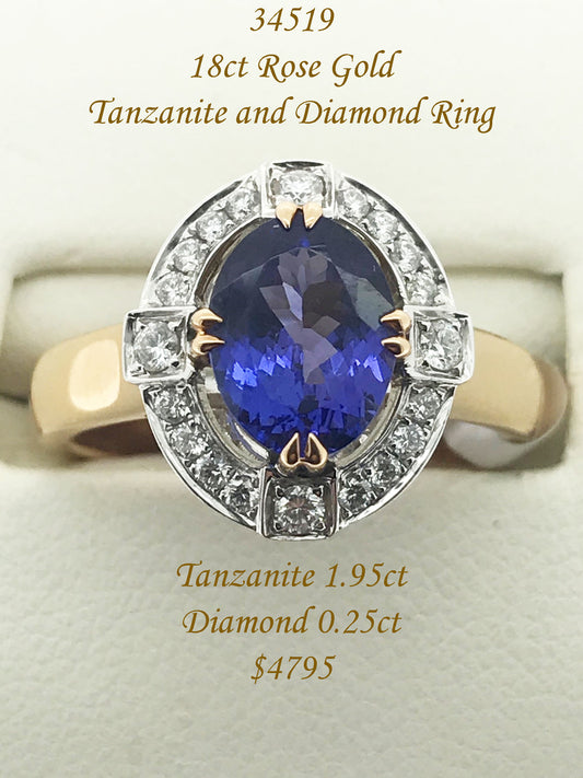 Tanzanite and Diamond 18ct Rose Gold Dress Ring.