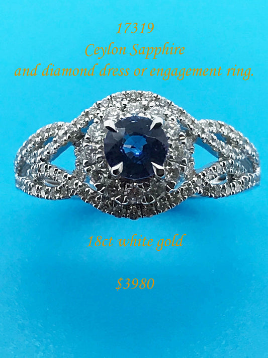 Ceylon Sapphire and diamond 18ct white gold dress or engagement ring.