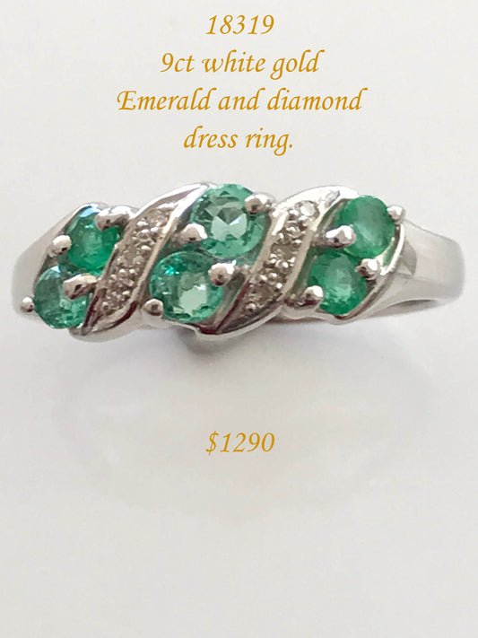 Emerald and diamond 9ct white gold dress ring