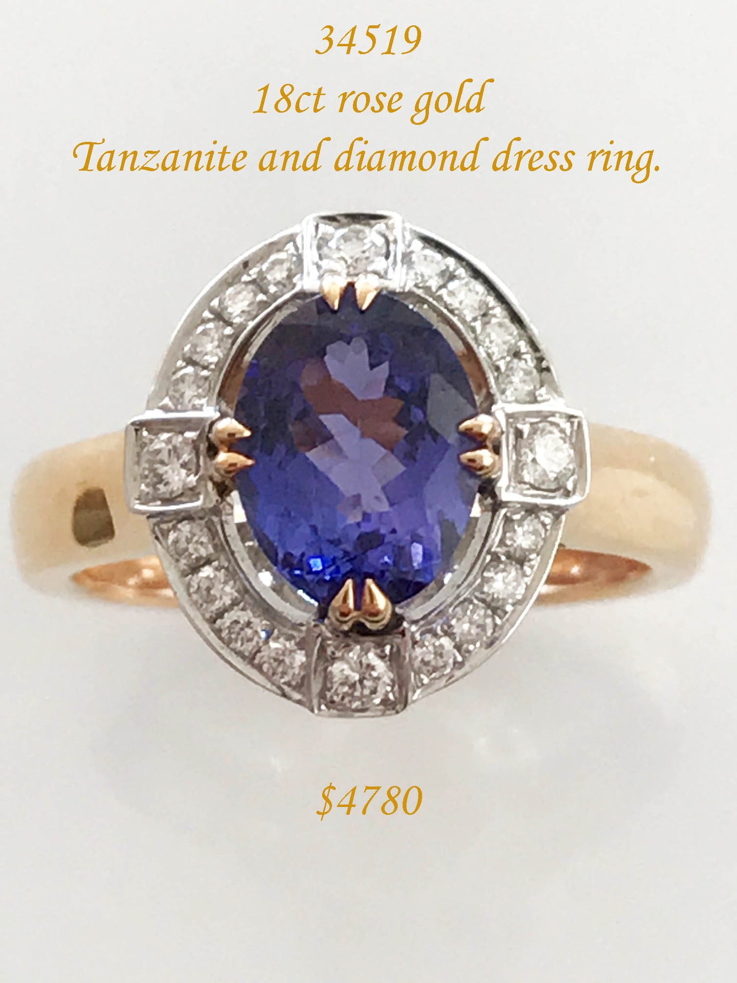 Georgian style Tanzanite and diamond ring in 18ct rose gold.